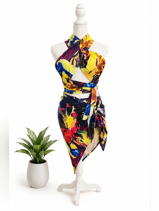 Other - Multicolor Tropical Wrap Halter Bikini Set W/ Sarong